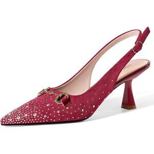 Women's Red Slingback Closed Pointed Toe Sparkly Rhinestone Low Heel Shoes